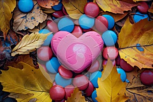 Colorful autumn leaves and heart-shaped candy