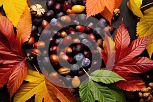colorful autumn leaves surrounding edible chestnuts