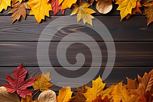 Colorful autumn leaves on wood background. Top view with copy space.