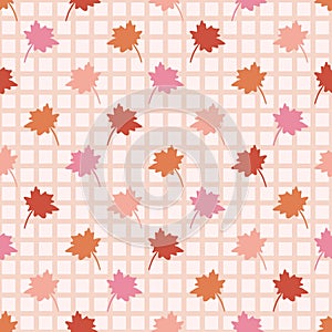 Colorful Autumn Maple Leaves on Gingham Background Seamless Pattern