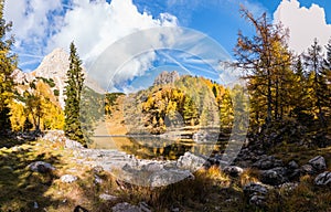 Colorful autumn morning in the mountains. Colourful autumn morning in mountain lake. Colorful autumn landscape.