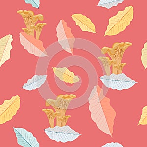 Colorful autumn mushrooms seamless vector pattern. Forest motive.