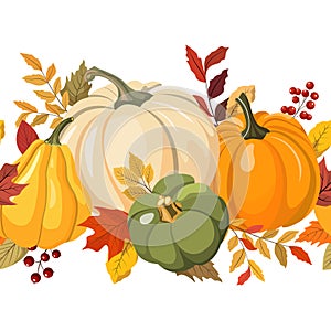 Colorful autumn pumpkins, forest leaves and berries horizontal seamless background. Vector illustration