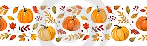 Colorful autumn pumpkins and forest leaves and berries horizontal seamless border. Vector illustration