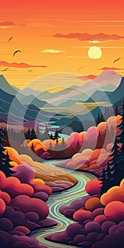 Colorful Autumn River Landscape Illustration Inspired By Native American Art