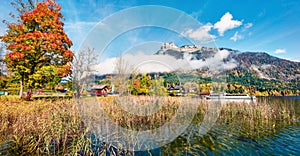 Colorful autumn scene of Altausseer See lake. Romantic morning view from of Altaussee village, district of Liezen in Styria, Austr