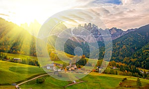 Colorful autumn scenery in Santa Maddalena village at sunrise. Dolomite Alps, South Tyrol, Italy