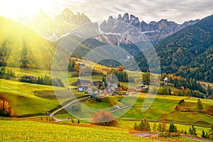 Colorful autumn scenery in Santa Maddalena village at sunrise. Dolomite Alps, South Tyrol, Italy