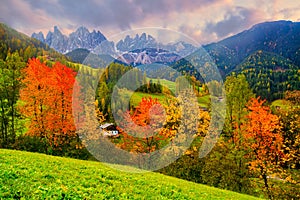 Colorful autumn scenery in Santa Maddalena village at sunrise. Dolomite Alps, South Tyrol, Italy