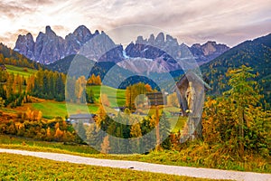 Colorful autumn scenery in Santa Maddalena village at sunrise. Dolomite Alps, South Tyrol, Italy