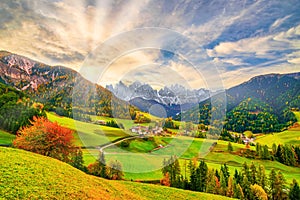 Colorful autumn scenery in Santa Maddalena village at sunrise. Dolomite Alps, South Tyrol, Italy