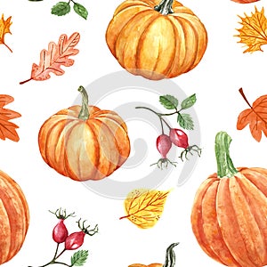 Colorful autumn seamless pattern. Watercolor hand painted pumkins, orange, red and yellow leaves and berries on white background.