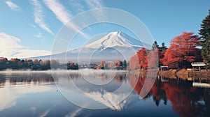 Colorful Autumn Season and Mountain Fuji with morning fog and red leaves at lake Kawaguchiko is one of the best places in Japan