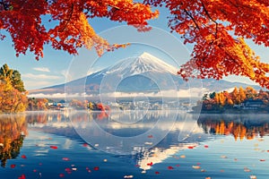 Colorful Autumn Season and Mountain Fuji with morning fog and red leaves at lake Kawaguchiko