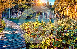 Colorful autumn sunrise in the Plitvice Lakes National Park