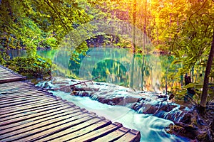 Colorful autumn sunrise in the Plitvice Lakes National Park.