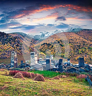 Colorful autumn sunset in the famous highest inhabited village in Europe - Ushguli.