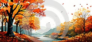 Colorful autumn trees. Fall season landscape art illustration