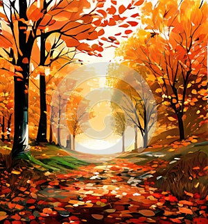 Colorful autumn trees. Fall season landscape art illustration