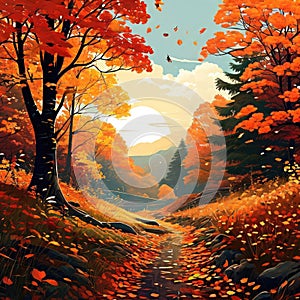 Colorful autumn trees. Fall season landscape art illustration