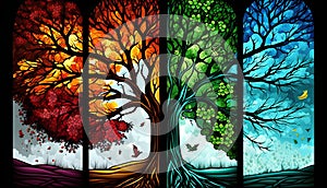 Colorful autumn trees with leafs and birds in stained-glass windows