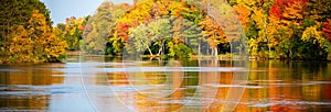 Colorful autumn trees reflecting off of the Wisconsin River in Merrill, Wisconsin