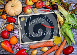 Colorful autumn vegetables and fruits on a wooden background, top view. Hello, Autumn. organic food.