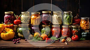 Colorful autumn vegetables in jars are placed on a wooden table in a rustic style