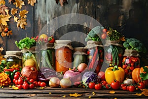 Colorful autumn vegetables in jars are placed on a wooden table in a rustic style