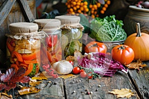 Colorful autumn vegetables in jars are placed on a wooden table in a rustic style