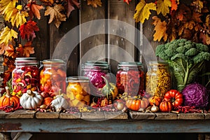 Colorful autumn vegetables in jars are placed on a wooden table in a rustic style