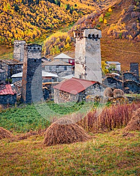 Colorful autumn view of highest inhabited village in Europe - Ushguli, UNESCO World Heritage Site.