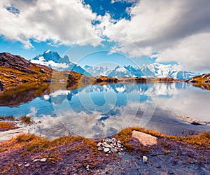 Colorful autumn view of the Lac Blanc lake with Mont Blanc Monte Bianco on background