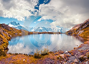 Colorful autumn view of the Lac Blanc lake with Mont Blanc Monte Bianco on background, Chamonix location. Beautiful outdoor