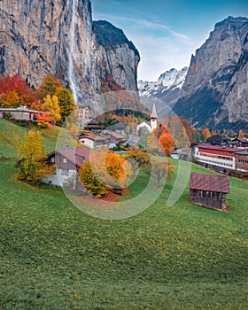 Colorful autumn view of Lauterbrunnen village. Stunning rural scene of Swiss Alps, Bernese Oberland in the canton of Bern, Switzer