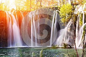 Colorful autumn and waterfall in the Plitvice Lakes National Par