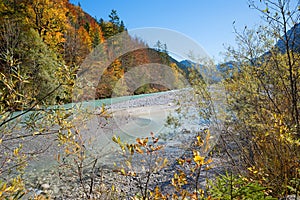 Colorful autumnal landscape, rissbach river at karwendel valley, austria