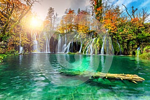 Colorful aututmn landscape with waterfalls in Plitvice National Park, Croatia