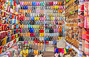 Colorful Babouche slippers - Traditional Moroccan footwear at the bazaar in Marocco
