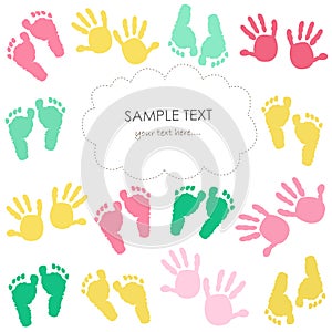 Colorful baby footprint and hands kids greeting card