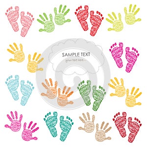 Colorful baby girl and boy foot and hand print arrival greeting card