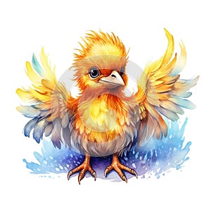 Colorful Baby Mythical Phoenix Pheasant Bird Clip Art, Watercolor Painting Style