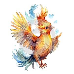 Colorful Baby Mythical Phoenix Pheasant Bird Clip Art, Watercolor Painting Style