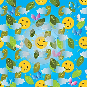 Colorful baby seamless pattern. Vector light blue cute background. Sky, sun, clouds, butterflies, leaves. Beautiful design for b