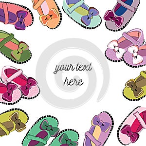 Colorful baby shoes nin the frame. Vector illustration on white background. Place for your text in the middle