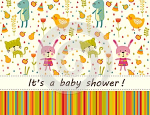 Colorful Baby shower background with animals and flowers.