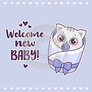 Colorful baby shower with cute boy cat and inscription Welcome new baby