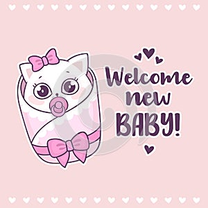 Colorful baby shower with cute girl cat and inscription Welcome new baby