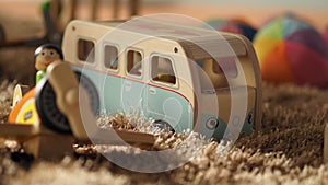 Colorful baby wood toys on light brown color carpet