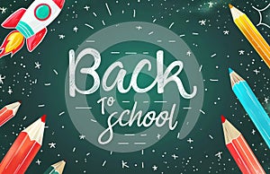 Colorful back to school banner featuring chalkboard, rocket, and pencils